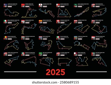 Formula Calendar 2025 - Grand Prix Racing Circuits and Schedule. Vector schedule map with isolated races, fully editable