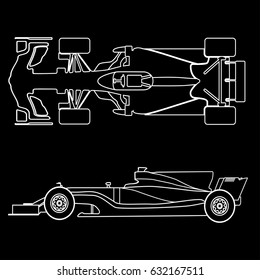 Formula Car, Linear Light Silhouette Of A Racing Car Isolated On Black Background. Top View And Side View. Vector Illustration
