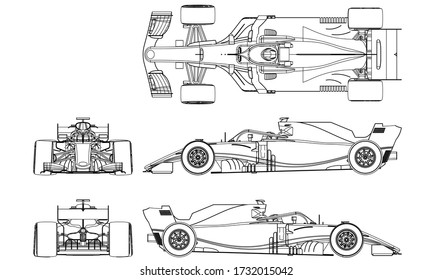 Formula car in outline. Sport vehicle template vector isolated on white.