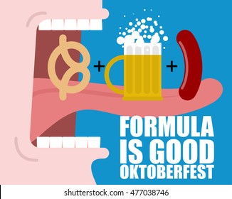 Formula Good Oktoberfest. Open mouth, long tongue and teeth. Man drinks beer mug and eating sausage. Pretzel snack habits. National Holiday in Germany.
