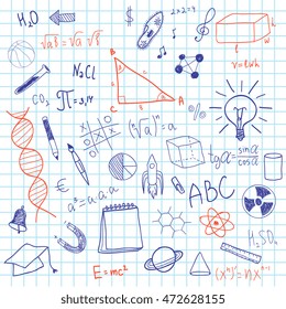 Formula and graphics written on notebook sheet in a cage. Scientific sketches. Geometry and math illustration handmade items. Crib on notebook sheet. Chemical formulas. Sketches on a school theme. 