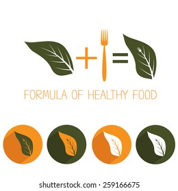 formula of healthy food with leaf and fork