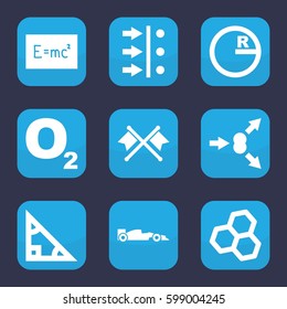formula icon. Set of 9 filled formula icons such as sport car, crossed flags, atom move, board with formulas, triangle, circle, chemical structure
