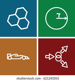 Formula icons set. set of 4 formula outline icons such as sport car, circle, atom move