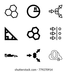 Formula icons. set of 9 editable filled and outline formula icons such as triangle, circle, chemical structure, atom move, sport car