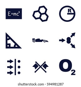 formula icons set. Set of 9 formula filled icons such as sport car, crossed flags, atom move, board with formulas, triangle, circle, chemical structure