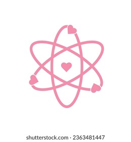 Formula of love. Atom with electrons in heart shape. Symbol of molecule or atom. Vector illustration in flat design isolated on white background
