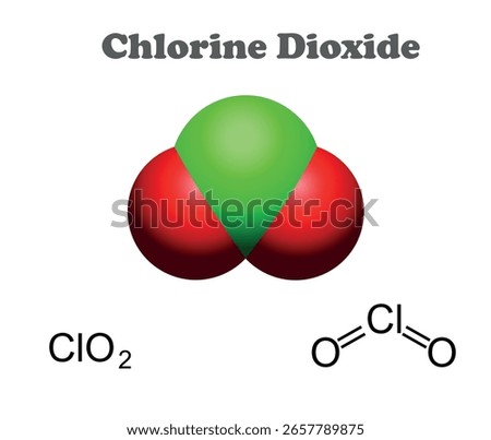 Сhemical formula and model of organic compound Chloride Dioxide. Science education vector illustration