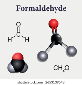 Сfórmula química e modelo do composto orgânico Formaldeído. Ilustração vetorial de educação científica 