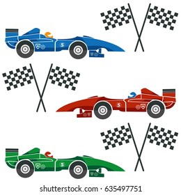 Formula one cars with checkered flags