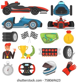 Formula one color flat icons set