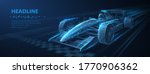 Formula One f1. Abstract vector 3d f 1 bolide racecar on speedway. Fast motion. Finish line. Success in competition, race winner, business win concept. Auto sport, fast automobile symbol