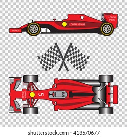 Formula One, Red Racing Car With Sport Flags Isolated On Checkered Background. Top View And Side View. Vector Illustration