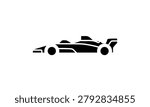 Formula racing car silhouette icon displayed as minimalist black vector artwork in side profile on a clean background, symbolizing motorsport competition, engineering excellence, and high-speed performance for branding, interface, infographic, and transportation applications with an energetic and professional character.
