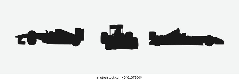 Formula Racing Set Silhouette. Sportrennen, Fahrzeug, Wettkampf. Isoliert auf weißem Hintergrund. Vektorillustration.