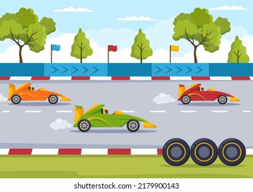 Formula Racing Sport Car Reach on Race Circuit the Finish Line Cartoon Illustration to Win the Championship in Flat Style Design