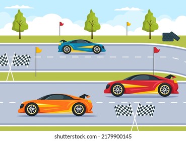 Formula Racing Sport Car Reach on Race Circuit the Finish Line Cartoon Illustration to Win the Championship in Flat Style Design