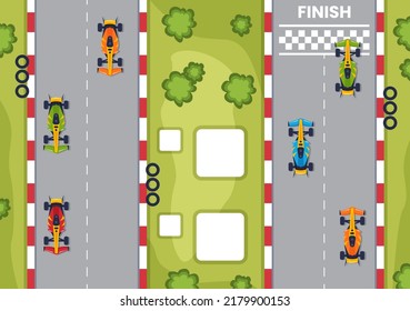 El circuito de carreras de Fórmula alcanza el coche deportivo en circuito de carreras la Ilustración de dibujos animados de la línea de acabado para ganar el campeonato con diseño de estilo plano