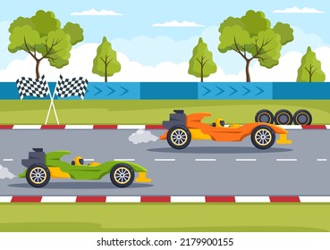 Formula Racing Sport Car Reach on Race Circuit the Finish Line Cartoon Illustration to Win the Championship in Flat Style Design