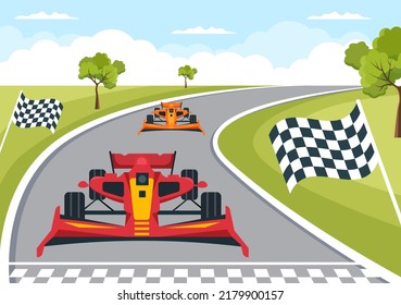 Formel-Racing Sport-Auto-Reichweite auf Race Circuit der Finish Line Cartoon Illustration zu gewinnen die Meisterschaft in Flat Style Design