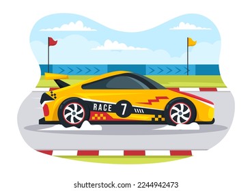 Formula Racing Sport Car Reach on Race Circuit the Finish Line Cartoon Illustration to Win the Championship in Flat Style Hand Drawn Templates Design