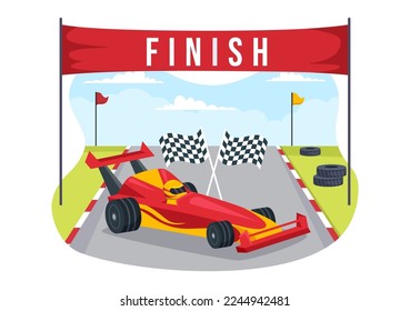 Formula Racing Sport Car Reach on Race Circuit the Finish Line Cartoon Illustration to Win the Championship in Flat Style Hand Drawn Templates Design