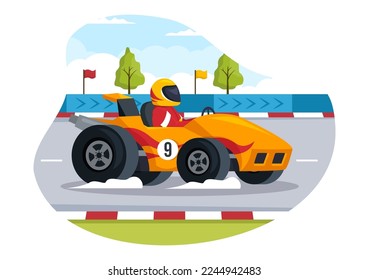 El circuito de carreras de Fórmula alcanza el coche deportivo en el circuito de carreras la Ilustración de caricaturas de la línea de acabado para ganar el campeonato con el diseño de plantillas de dibujo de mano de estilo plano