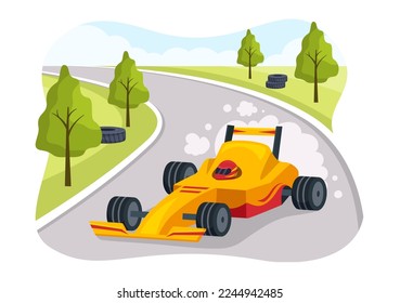 Formula Racing Sport Car Reach on Race Circuit the Finish Line Cartoon Illustration to Win the Championship in Flat Style Hand Drawn Templates Design