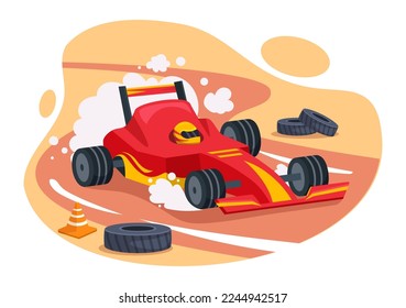 El circuito de carreras de Fórmula alcanza el coche deportivo en el circuito de carreras la Ilustración de caricaturas de la línea de acabado para ganar el campeonato con el diseño de plantillas de dibujo de mano de estilo plano