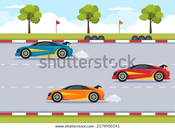 Formula Racing Sport Car Reach on Race Circuit the\
Finish Line Cartoon Illustration to Win the Championship in Flat\
Style Design