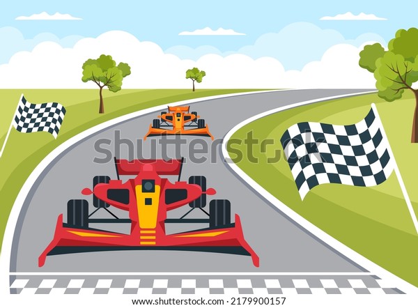 Formula Racing Sport Car Reach on Race Circuit the\
Finish Line Cartoon Illustration to Win the Championship in Flat\
Style Design