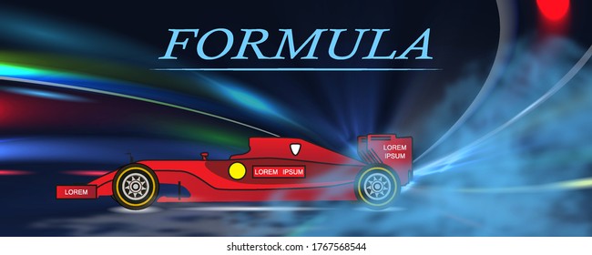 Formula sportcar with dust cloud. Side view red bolid. Vector illustration