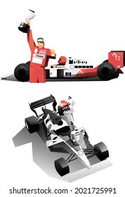 formula top car race car driver celebrating their victory winning race old classic car and new modern car motorsport