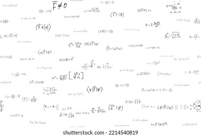 Formulas of astrophysics, quantum mechanics, radio circuits. Scientific, educational background on white. Hand drawn..