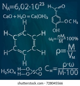 Formulas in chemistry, drawn chalk on a blue board