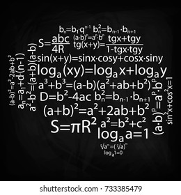 Formulas in mathematics, forming a form of the brain. Vector illustration
