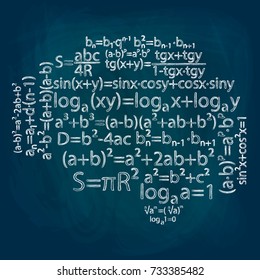 formulas in mathematics, forming a form of the brain, drawing a chalk on a blue board. Vector illustration
