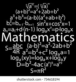 Formulas in mathematics that form a circle. The inscription "Mathematics". Vector illustration