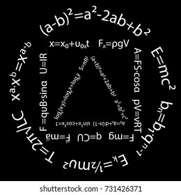 Formulas on mathematics and physics on a black background, arranged along the contour of a circle, square and a triangle, hand drawing, vector image