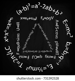 Formulas on mathematics and physics on a blackboard, arranged along the contour of a circle, square and a triangle, hand drawing, vector image