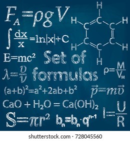 Formulas on mathematics, physics and chemistry, drawn chalk on a blackboard, vector illustration