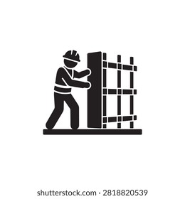 Formwork Shuttering Worker Icon, Carpenter Installing Wall Formwork Vector isolated on white background, black flat glyph