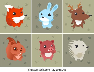 Forrest baby animals set includes: squirrel, hedgehog, fox, rabbit, deer and wild boar. Can be used as computer icons. Vector illustration.