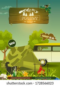 Forrest camp invitation design. Campsite with a camping tent, dog, forest, grass, pot, campfire, van on sky background with wooden invitation table. Outdoor tourism scene or invitation flyer. 