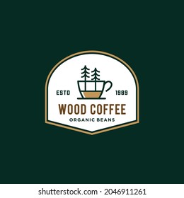 forrest coffee logo concept. classic badge a cup of coffee with tree and leaf branch natural line stamp logo vector icon design in vintage hipster modern beautiful style, premium coffee shop bar icon