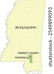 Forrest County and city of Hattiesburg location on Mississippi state map