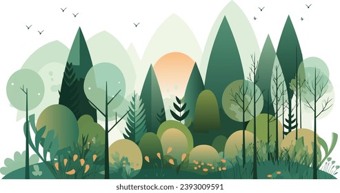 Forrest landscape with trees and grass, nature inspired vector illustration