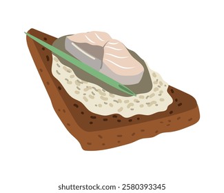 Forshmak on toast with green onions and herring. Isolated vector food illustration for your design