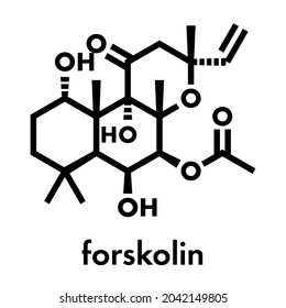 Forskolin (coleonol) molecule. Activates the enzyme adenylyl cyclase, resulting in increased levels of cAMP. Skeletal formula.