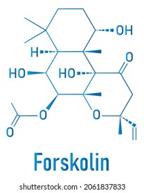 Forskolin (coleonol) molecule. Activates the enzyme adenylyl cyclase, resulting in increased levels of cAMP. Skeletal formula.